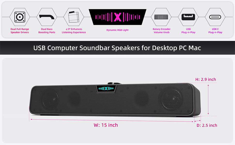 Computer Soundbar Speakers for Desktop PC Mac