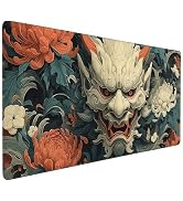 Japanese Demon Mask Large Mouse Pad, Floral Ukiyo-e Design, Non-Slip Base, 35.4 x 15.7 Inches, fo...