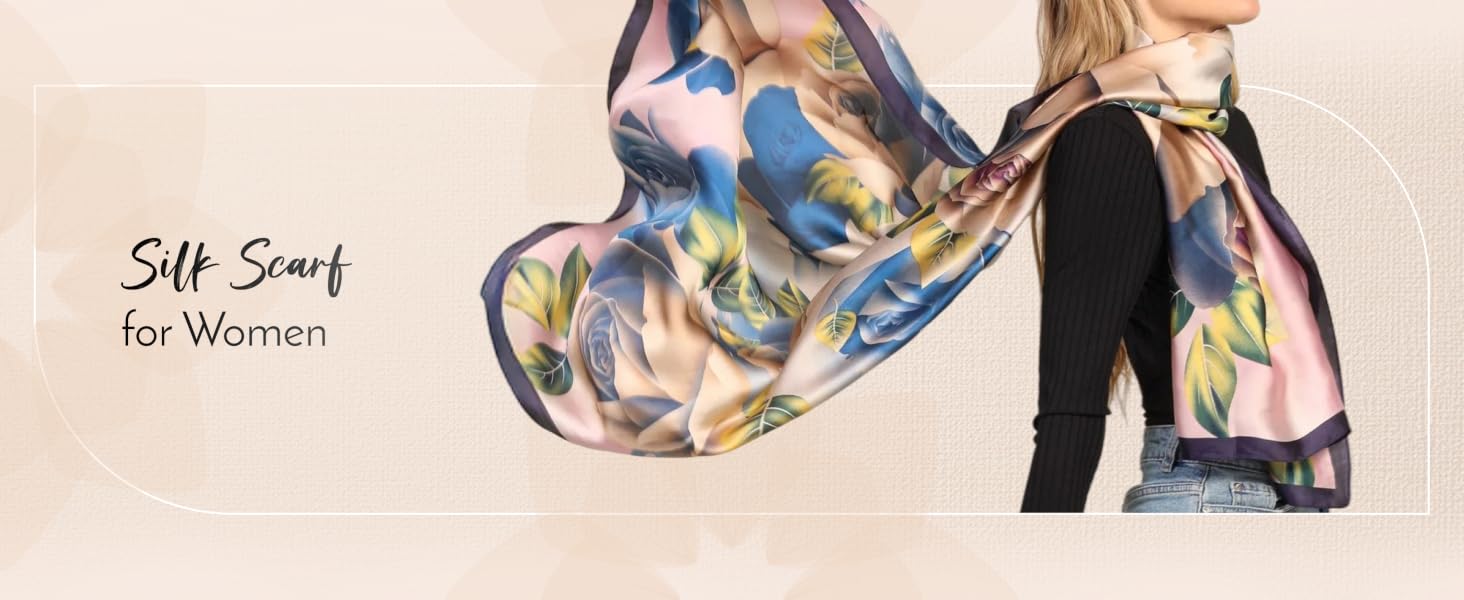 Text reads 'Self-Scarf for Women'. Multiple images showing colorful patterned silk scarf in various styling positions.