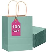 qiqee 100PCS Gift Bag with Handles Bulk Kraft Light Blue Paper Bags Multiple Uses (13''x5 x10 inc...