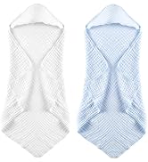 MUKIN Baby Hooded Towels, Muslin Cotton, 2-Pack, for Newborn, Infant, Toddler and Kids (White,Blue)