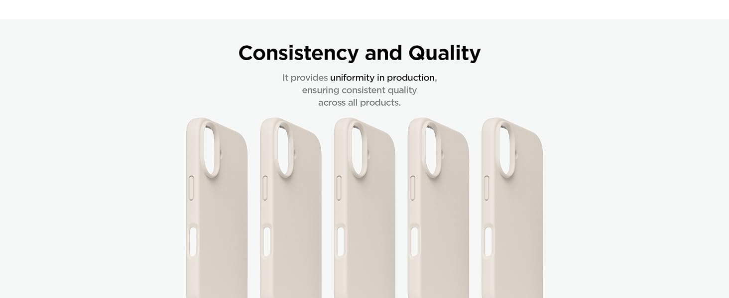 Five identical beige mobile phone cases shown in a row, highlighting consistency in manufacturing and quality control.