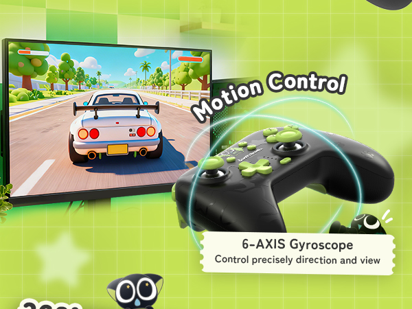 Text reads 'Motion Control' and '6-AXIS Gyroscope'. Gaming controller next to screen showing racing game, highlighting motion control features.