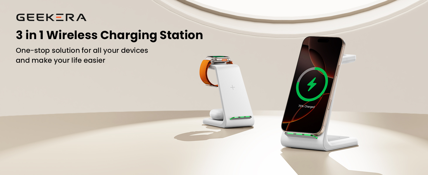 GEEKERA 3 in 1 Wireless Charging Station for Apple Fast Wireless Charger Stand Dock for iPhone