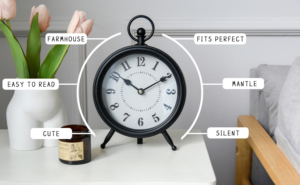 Vintage Silent Non-Ticking Table Clock, Shelf Desk Top Clock Battery Operated