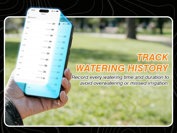 Smart hose timer detailed watering records track start time, duration and end time for each session