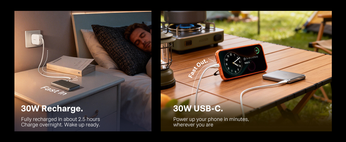 Power bank charging devices with 30W USB C and 15W wireless charging