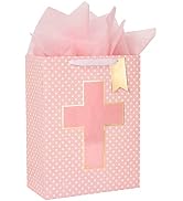 Loveinside Pink Gift Bag with Cross Design, Tissue Paper for Baby Girl Baptisms, Christenings, Fi...