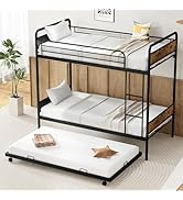 Giantex Metal Twin Over Twin Bunk Bed with Trundle, Industrial Twin Bunk Beds with Ladder & Full-...