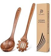 Wooden Spoons for Cooking,2 Pcs Wooden Utensil Set of Soup Ladle &Spaghetti Pasta Spoon with Teet...