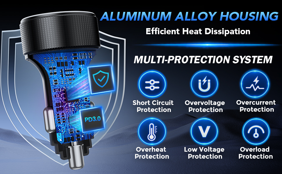 Text reads 'ALUMINUM ALLOY HOUSING Efficient Heat Dissipation' and 'MULTI-PROTECTION SYSTEM' with icons for 'Short Circuit Protection', 'Over Temperature Protection', 'Low Voltage Protection', 'Overload Protection', and 'Overcurrent Protection'. Black cylindrical device with blue internal components diagram shown.
