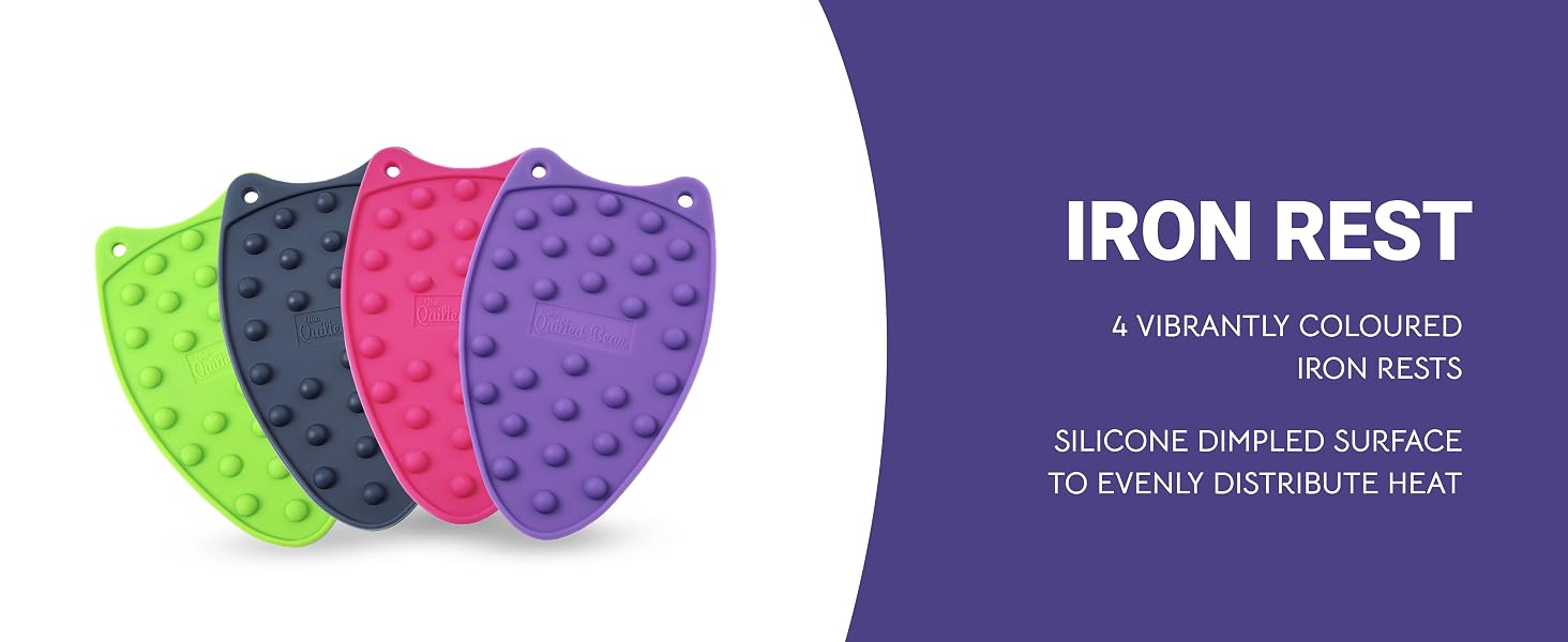 Silicone iron rests in various colors (green, navy, pink, purple) with textured surfaces. Product name and features listed on purple background.