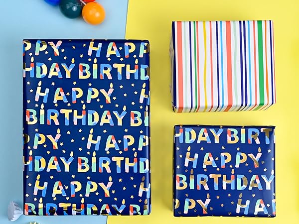 birthday wrapping paper with colorful stripe
