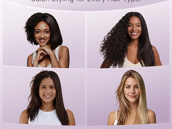 Four women with different hair types showcasing smooth and styled hair.