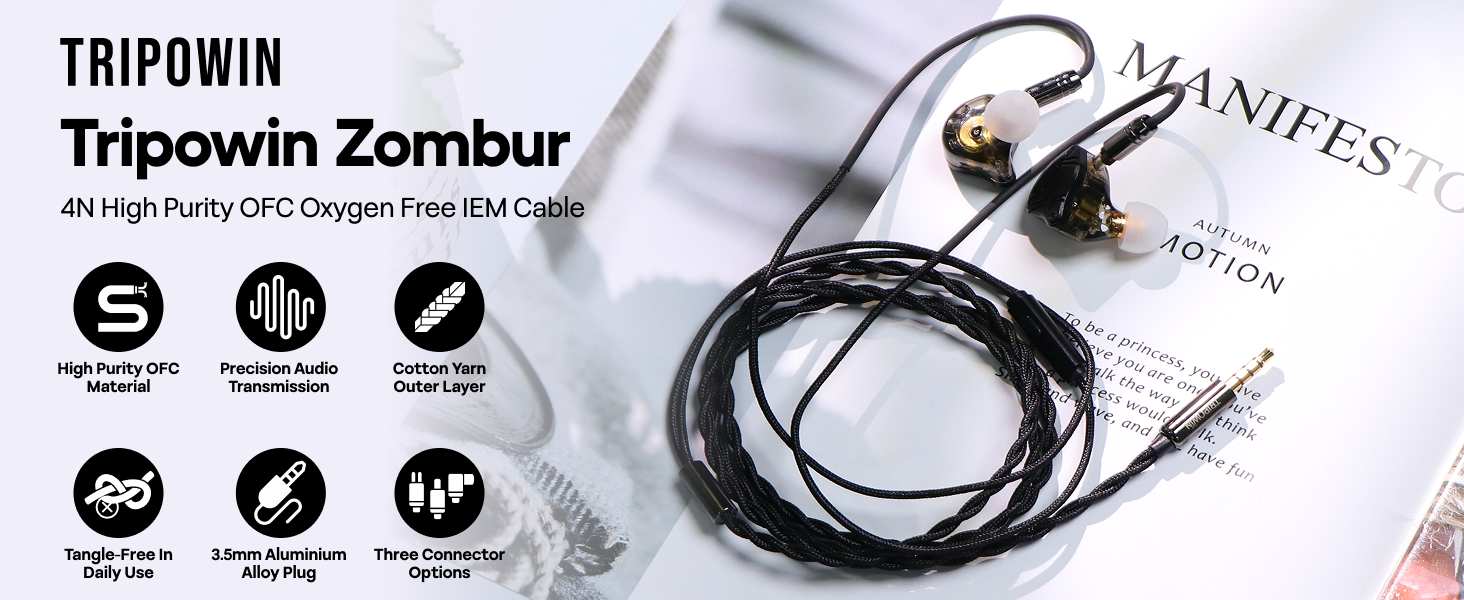 Linsoul Tripowin Zombur 4N High Purity OFC Oxygen Free Cable HiFi IEM Cable with Microphone