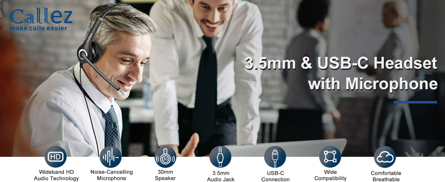 Callez Wired 3.5mm/Type-C Headset with Mic for Work