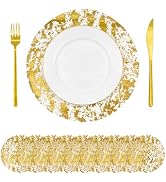 yuuzue 30 Pcs Disposable Gold Placemats 13 Inch Glitter Metallic Mesh Round Placemats Gold Foil M...