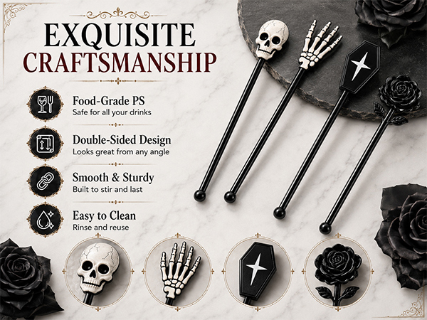 36-Piece Halloween Cocktail Stirrers, 7.1 in, 4 Gothic Designs for cocktails,punch and party bars