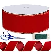 Winlyn 50 Yards Christmas Red Velvet Gold Edge Wired Ribbon 2-1/2" Wide Large Xmas Ribbon Trim Gi...