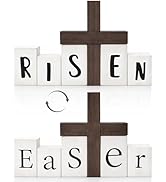 Double Sided Wooden Easter Decor Sign - He Is Risen Rustic Tabletop Blocks with Cross - Farmhouse...