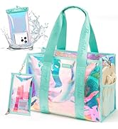 Beach Bags for Women, Clear Iridescent Beach Tote Bag with Makeup Bag & Phone Pouch, Waterproof S...