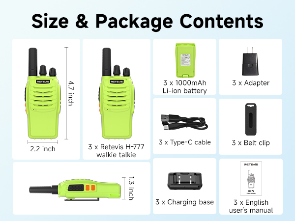 FRS radio walkie talkies 3 pack portable 2 way radio usb-c cable