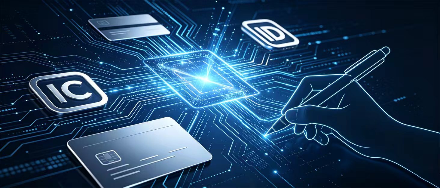 Circuit technology background with IC chip and contactless smart access cards