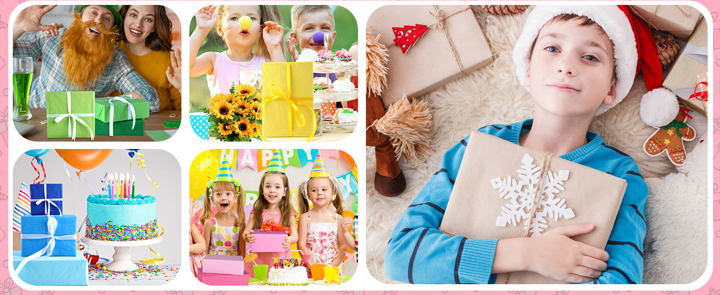 Collage of birthday celebration images featuring cakes, gifts, and decorations. Child in Santa hat holding a wrapped present.