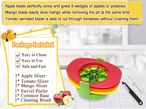 Fruit Cutter Slicer, 4 in 1 Apple Slicer with Vegetable Peeler & Cleaning Brush Mango Cutter