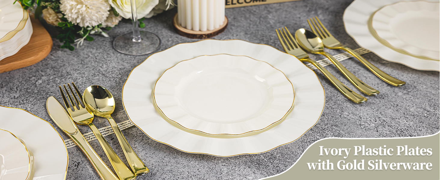 gold plastic plates and silverware