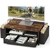 LEKETREE Wood Desk Organizer, 2-Tier Computer Monitor Stand Riser with Storage Drawer and 2 Pen H...
