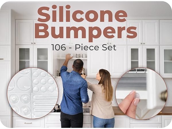 Designed in USA clear furniture pads by Bampix, 106 pieces, 4 shapes, protectores de muebles.