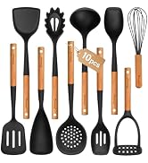 Large Silicone Cooking Utensils Set, 10Pcs Nonstick Kitchen Utensil Set with Wooden Handle, Heat ...