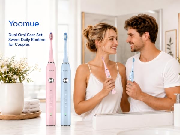 Text reads 'Yosmue' and 'Dual Oral Care Set, Electric Toothbrush for Couples'. Two electric toothbrushes displayed in pink and blue with couple brushing teeth together in bathroom mirror background.