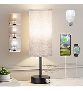 Grey Bedside Lamp for Bedroom Nightstand - Small Table Lamp with USB A + C Charging Port, 3 Color...
