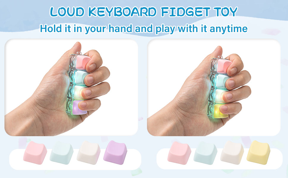 Handheld fidget toy resembling a small keyboard. Colorful buttons in pastel shades. Demonstrated being held and played with one hand. Product name: 'Loud Keyboard Fidget Toy'.