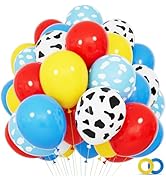68Pcs Red Yellow Blue Toy Balloons 12 Inch Light Blue Cloud Cow Print Balloons for Baby's Birthda...