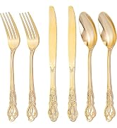 Joyido 300Pieces Gold Plastic Silverware - Heavy Duty Gold Disposable Utensils - Vintage Plastic ...