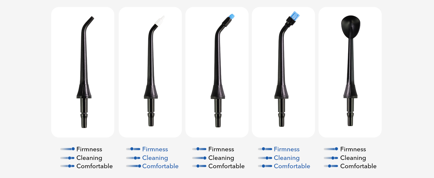 Five black dental water flosser tips with varying nozzle designs, ranging from thin to round. Text below each tip indicates they are precise, powerful, and comfortable.