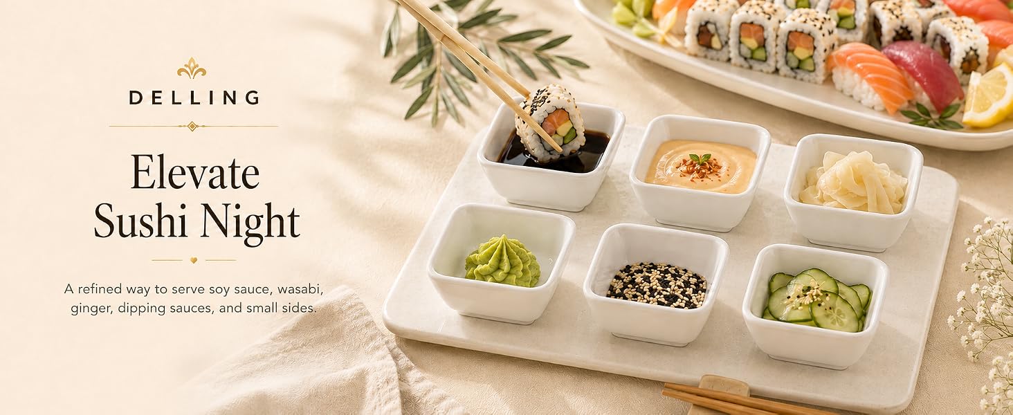 Elevate Sushi Night A refined way to serve soy sauce,wasabi, ginger, dipping sauces,and small sides.