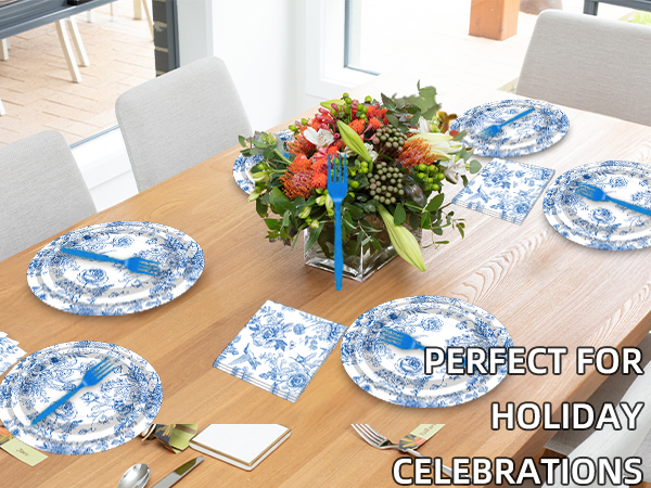 100 Pcs Blue and White Floral Tableware Party Supplies Set