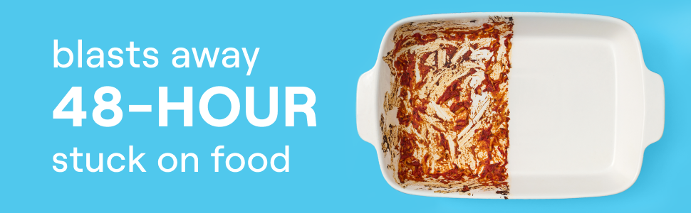 Blasts 48-hour stuck on food. Image shows a half dirty, half clean dish over a sky blue background