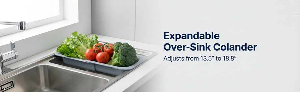 Expandable over-sink colander with vegetables across a kitchen sink for rinsing and draining.