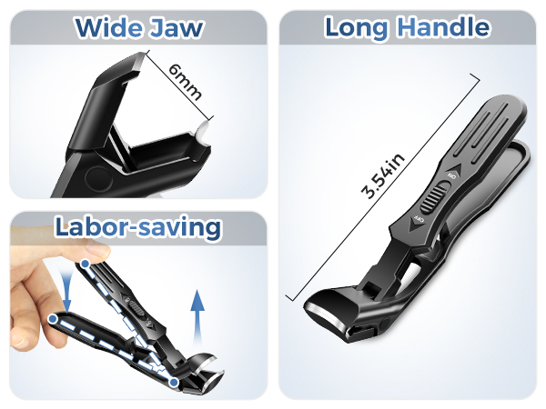 Multi-panel image of black staple remover. Shows 6mm wide jaw, 3.54in long handle, and demonstrates labor-saving grip and squeeze action for staple removal.