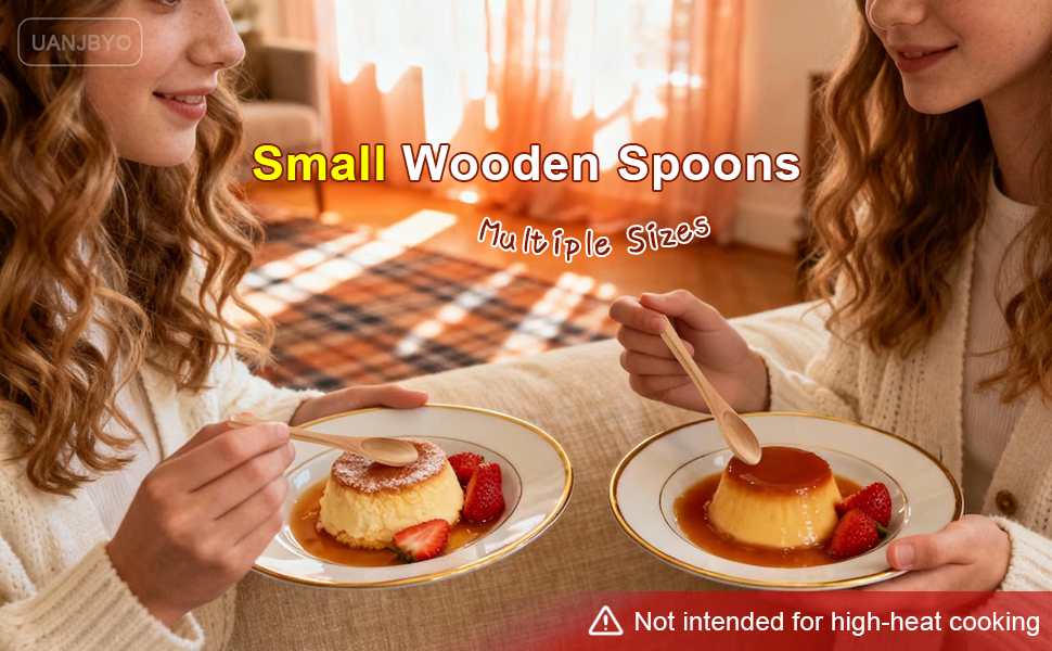 Small wooden spoons with flan and strawberries. Multiple sizes. Not for high-heat cooking.