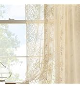 Kotile 84 Inch Beige Lace Curtains 2 Panels Set Rustic Vine Floral Embroidered Vintage Lace Curta...