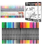 FIXSMITH 26-Piece Drawing & Sketching Art Set, 24 Colors Dual Brush Pens with Two 9x12 inch Sketc...