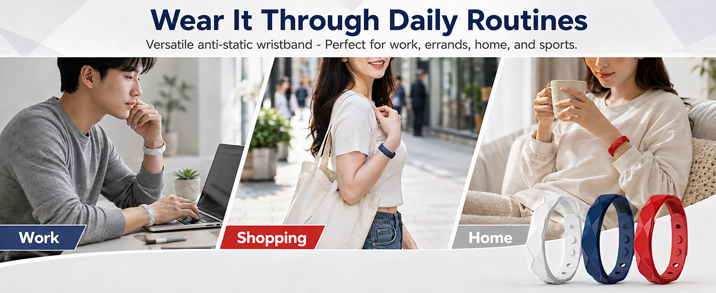Anti-static wristbands worn during work, shopping, home routines in red, navy, white