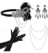 ONUPGO 1920s Great Gatsby Accessories Set for Women, Flapper Feather Headband Pearl Necklace Glov...