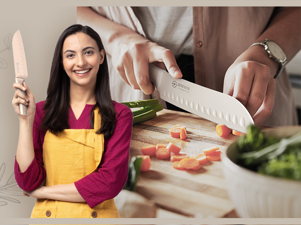 Santoku knife slicing vegetables in kitchen, shown with happy user holding knife